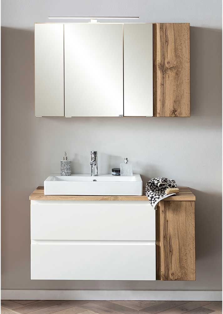 Pharao24.de Modernes Waschtisch Set in Wildeichefarben und Weiß 105 cm breit (zweiteilig)