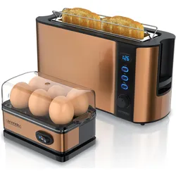 Arendo Frühstücks Set, 2-Scheiben Langschlitz Toaster mit Brötchenaufsatz & Eierkocher für 6 Eier, Kupfer, Eierkocher, Kupfer