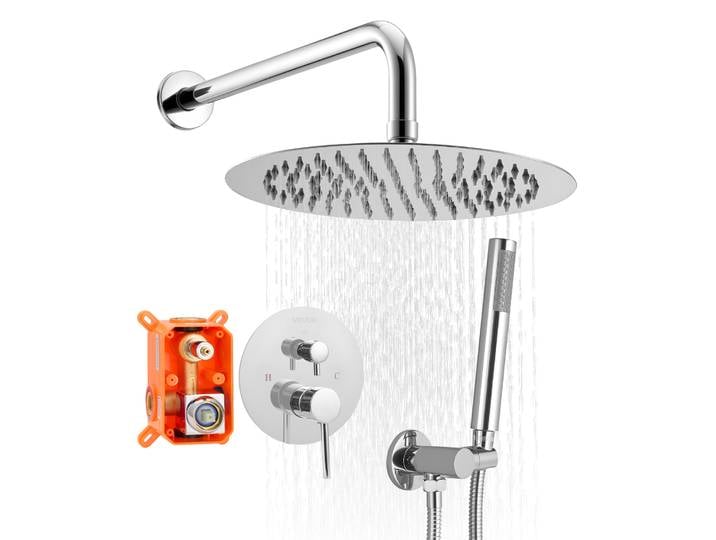 Ensemble de robinetterie de douche SucceBuy avec pommeau de douche pluie rond et douchette à main, fixation murale, avec kit de garniture en laiton