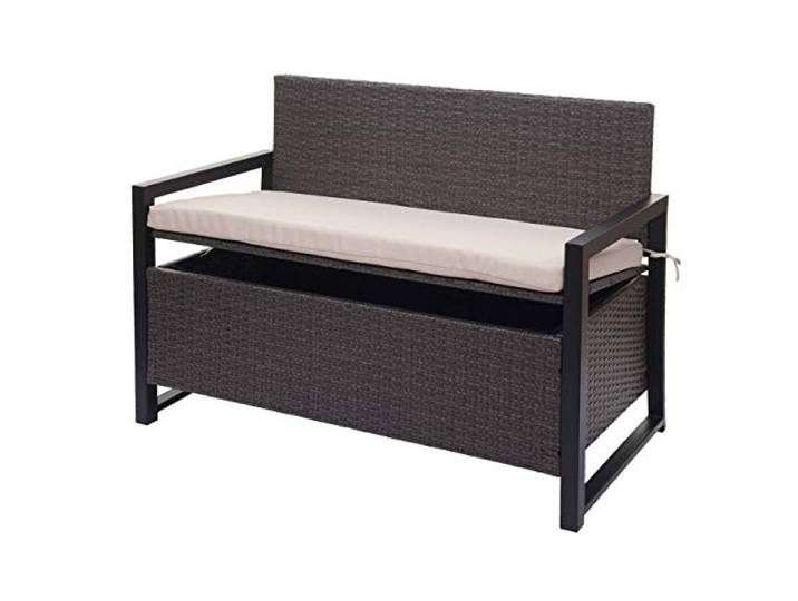 Mendler Poly-Rattan 2er Sitzbank HWC-F39 - grau, Kissen beige Gartenbank, Truhenbank, Staufach, Aufbewahrung, Sitzkissen