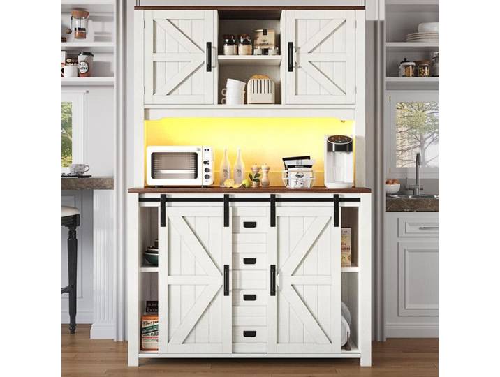 Meubles de cuisine 115×40×174 7 cm buffets hauts Meubles Cuisine Buffet avec portes coulissantes et éclairage LED blanc