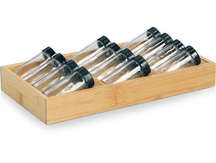 Gewürzstreuer ZELLER PRESENT Gewürzeinsatz-Set, 13-tlg., Bambus/Glas , braun (holzfarben, transparent, schwarz), B:20cm H:9cm, Gewürzstreuer, Gewürzstreuer, übersichtliche Anordnung, praktisch und modern