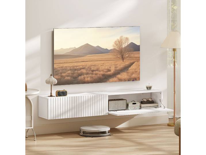 HOMCOM Meuble TV Suspendu 140cm Blanc 2 Portes Rabattables