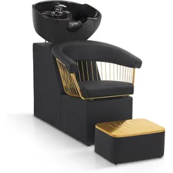 Barberpub Friseurstuhl mit Waschbecken, Friseurwaschbecken aus Keramik Verstellbar, Rückwärtswaschsessel mit Fußhocker, Friseurwaschsessel für SPA Salon, Friseur Waschplatz Retro 8037 (Gold-Schwarz/PVC)