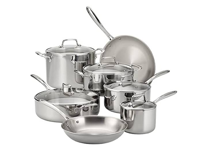 Tramontina 3-lagig verkleidetes Edelstahl Kochgeschirr-Set 12-teilig mit Glasdeckeln, Töpfen und Pfannen Küchenset Induktionsbereit Spülmaschinenfest NSF-Zertifiziert