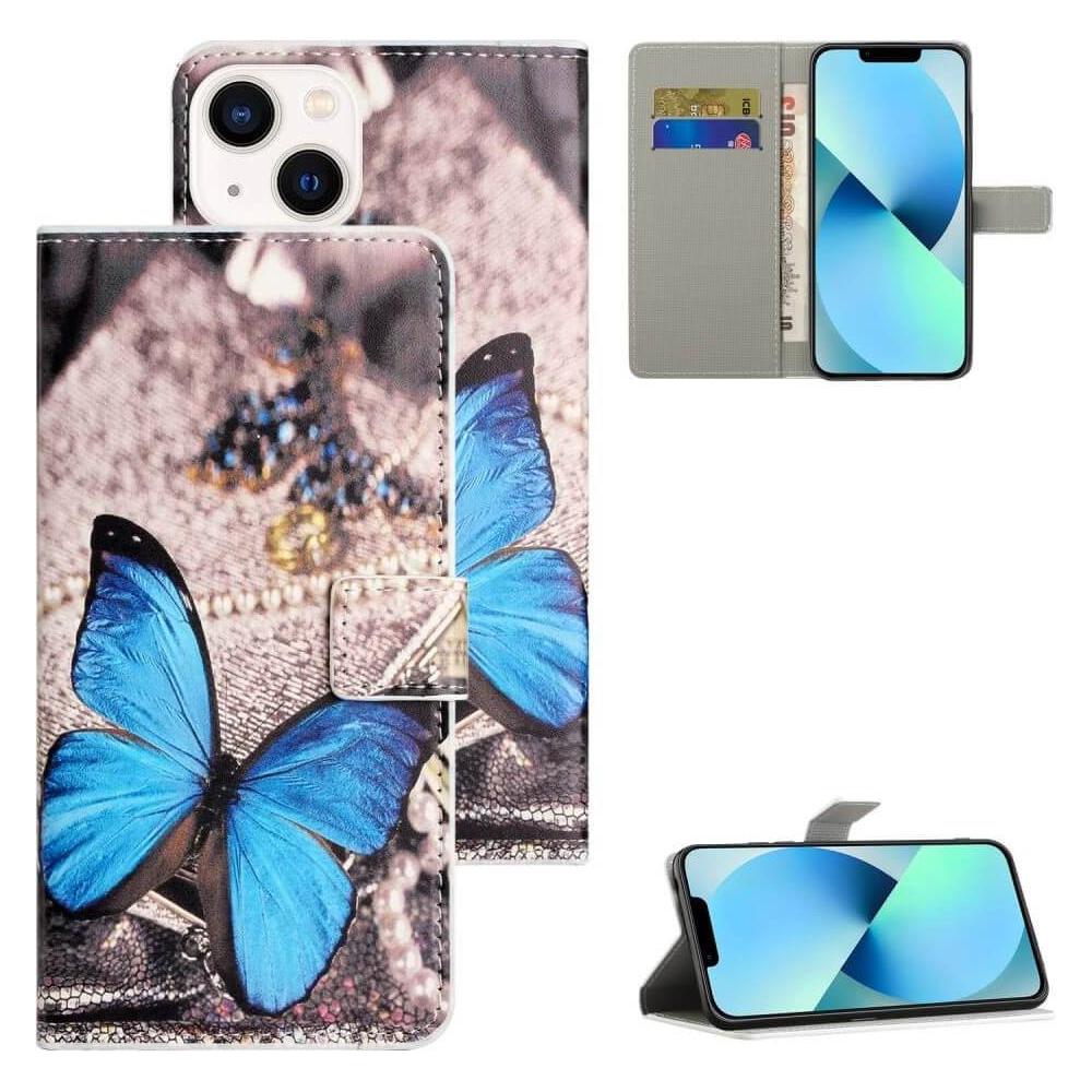 Cover-Discount iPhone 15 Plus - Leder Etui Hülle Schmetterling blau (Apple iPhone 15 Plus) (660147437M)