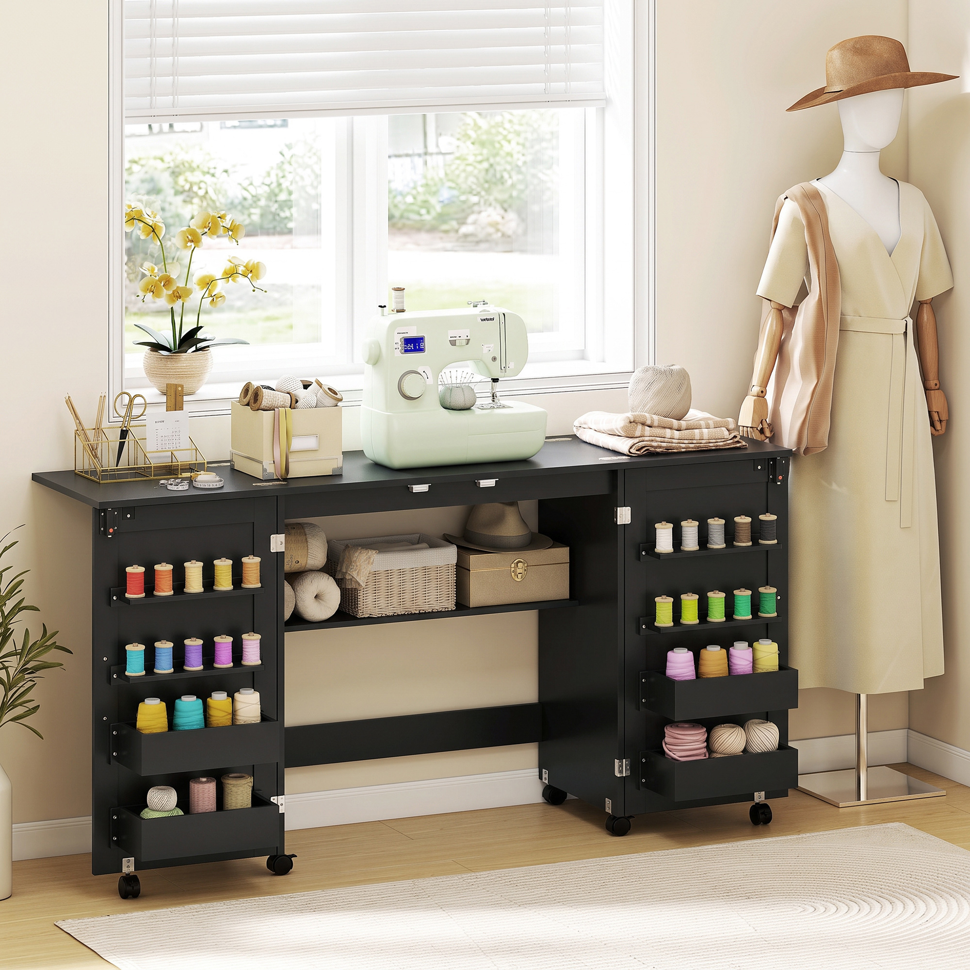 Homcom Tavolo da Cucito Pieghevole su Ruote con 2 Ante, 4 Contenitori e 20 Ganci, 160x40x83 cm, Nero   Aosom Italy