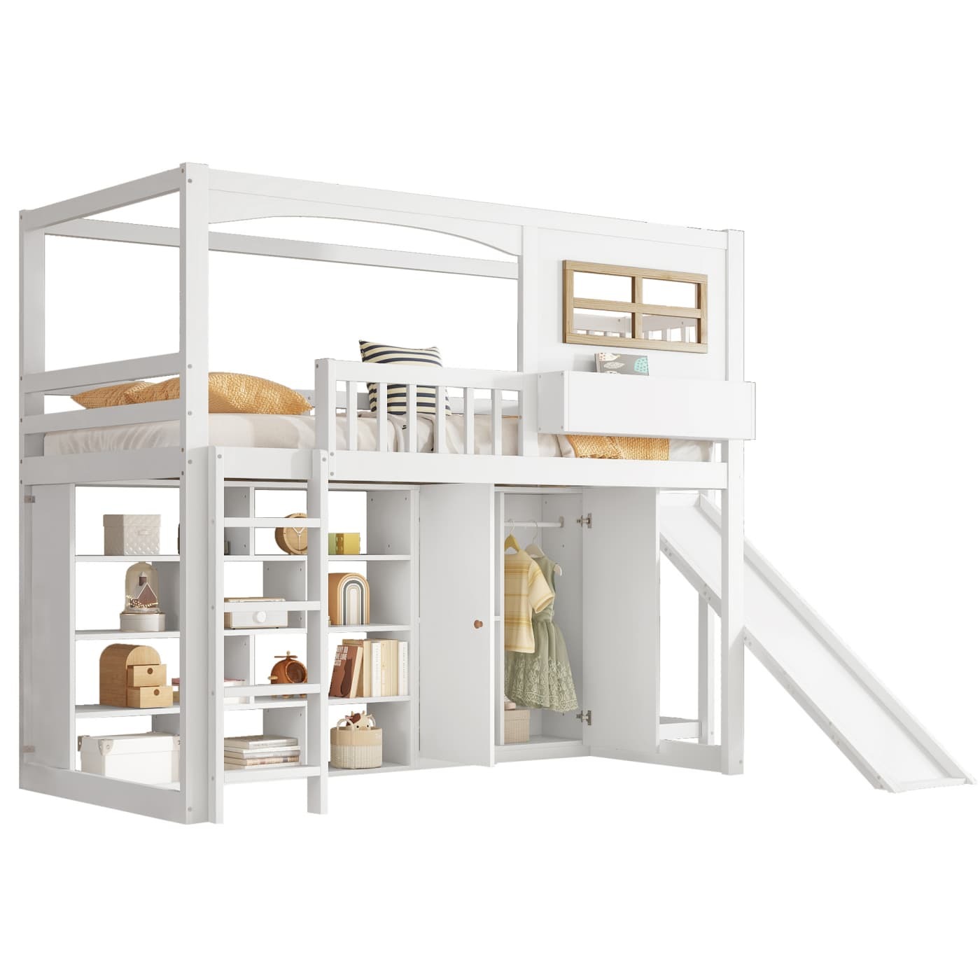 Etagenbett, Kinderbett, mit Fallschutzgitter, mit Kinderrutsche und Kleiderschrank, Reichlich Stauraum,Mit vierstufiger Leiter,Kiefer+MDF+Sperrholz