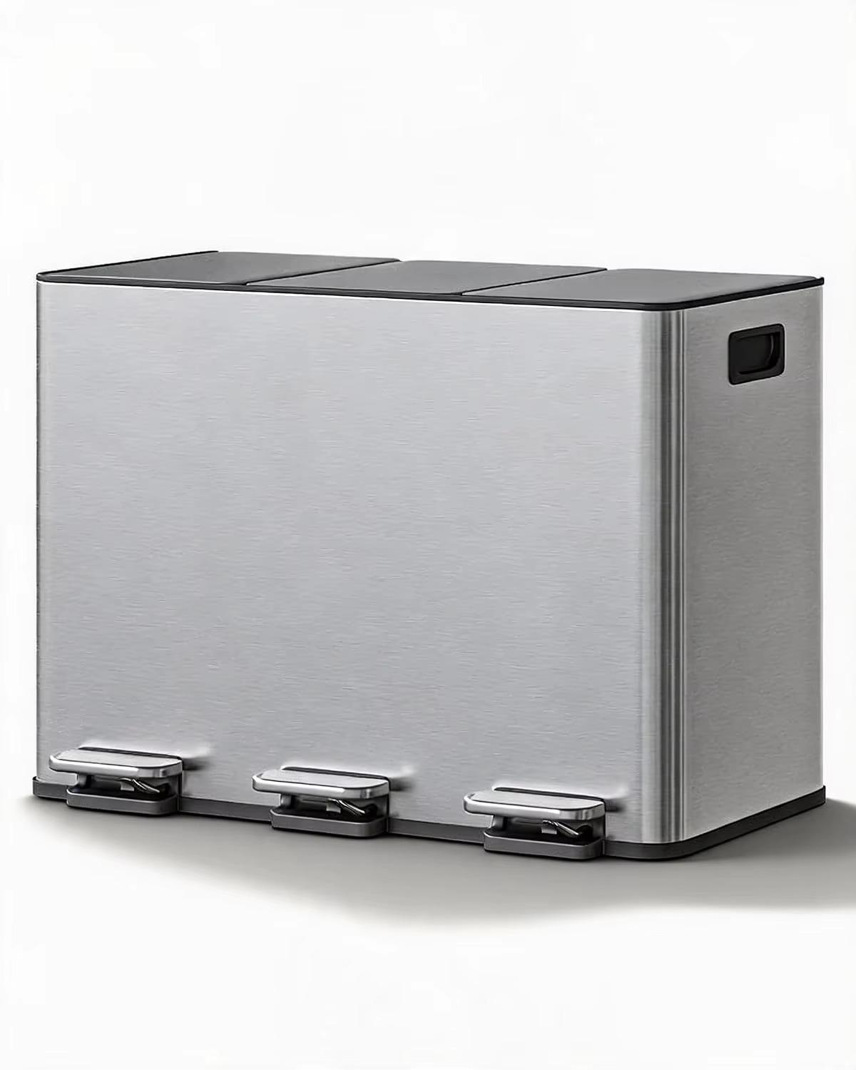 Treteimer - 3 Fächer - 45 l - Edelstahl - Soft-Close-Deckel - Hygienische Fußbedienung - Platzsparend