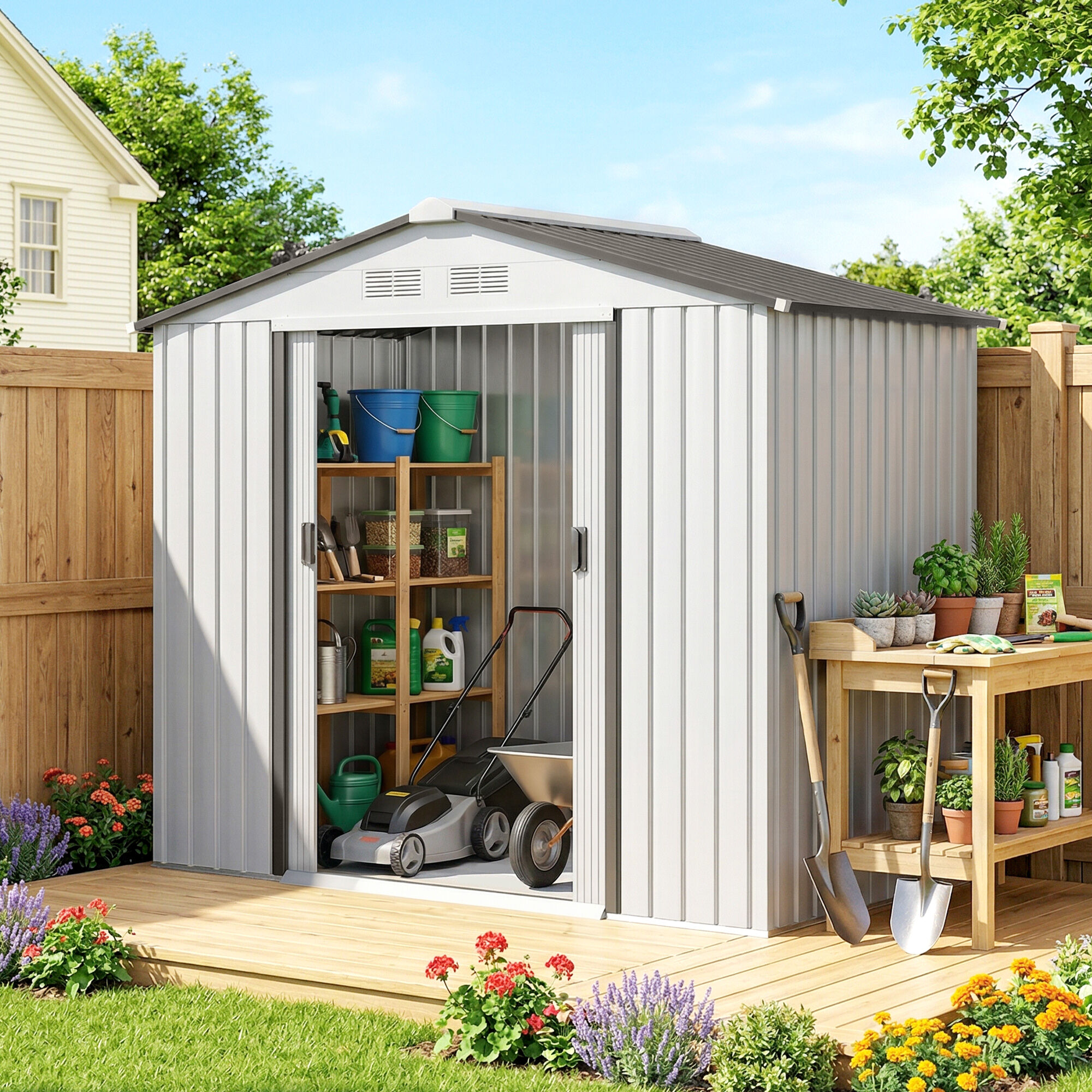 Altro Casetta Porta Utensili In Acciaio, Capanno Da Giardino Con Porte Scorrevoli, 213x130x185 Cm, Bianco