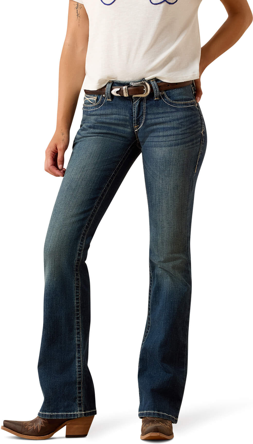 Women's R.E.A.L. Mid Rise Stretch Whipstitch Boot Cut Jeans in Ocean, Size: 28 Regular by Ariat