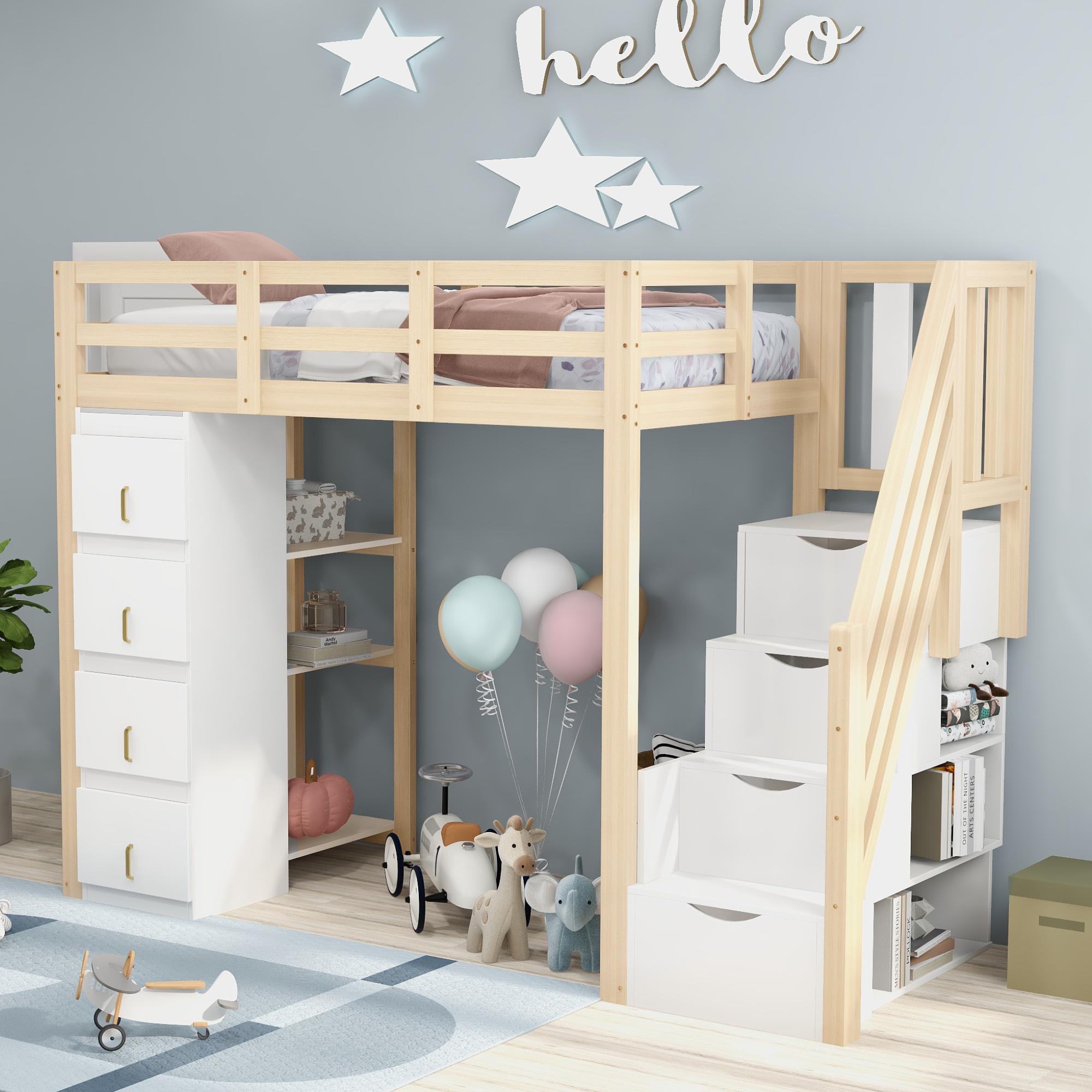 Merax Etagenbett Hochbett 90x200cm mit Stauraumschubladen, Kinderbett mit mehrstöckigem Regal und Sicherer Leiter, Jugendbett aus Massivholz, Natur