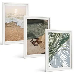 BILDER SET 3er Set - 40x60 cm Weißer Rahmen - Strandhut und Sonnenbrille