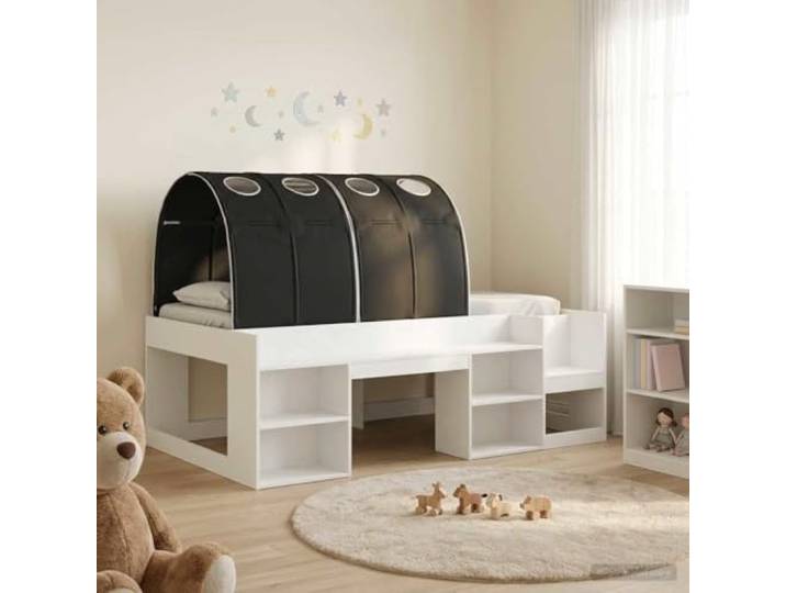 RJPLMFV Bett mit 3 Teilen, Weiß und Schwarz, Holz Fester Lattenrahmen, Regale, modernes Design, einfache Montage