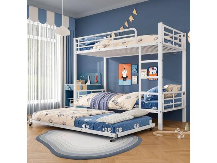 Bellemave Eisen‑Etagenbett mit Ausziehbett 90x200 cm, Weiß Metallbett mit Seitengittern, Oberbett 90x200 cm, Ausziehbett 90x190 cm, Geeignet für Jugendliche