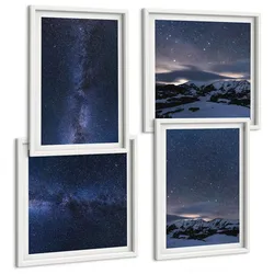 BILDER SET 4er Set - 50x50 cm & 40x60 cm Weißer Rahmen - Nachthimmel, Berge, Sterne