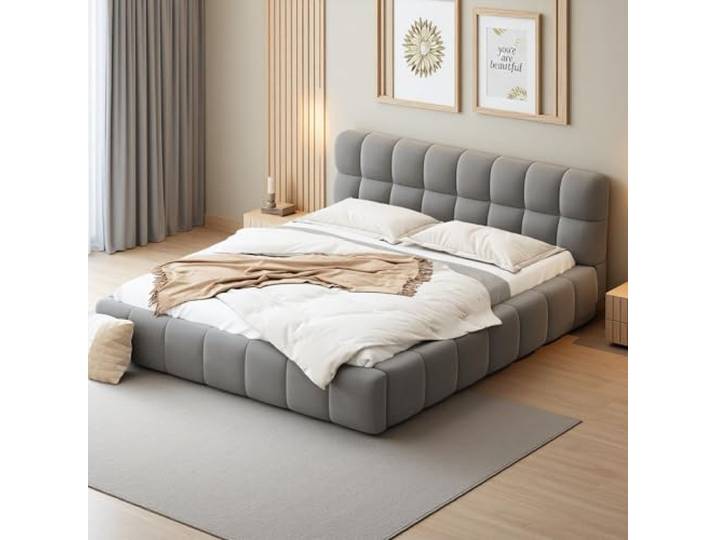 DAHUEN Polsterbett 140x200cm, Doppelbett Bubble Bett mit Lattenrost und Kopfteil, Jugendbett Flachbett mit weicher Rückenlehne, Leinen, Ohne Matratze, Grau (Grau, 140×200cm)