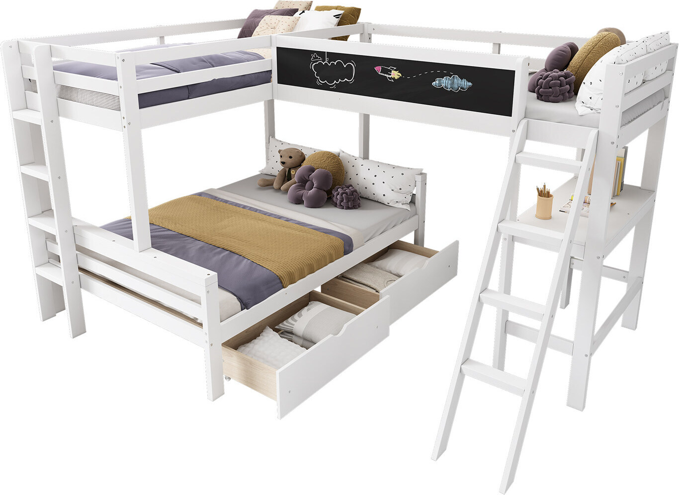 Hochbett,Etagenbett,Kinderbett,mit Aufbewahrungsschubladen,aus Kiefernholz, Hausbett mit Schreibtisch und Regal,140*200cm+90*200cm