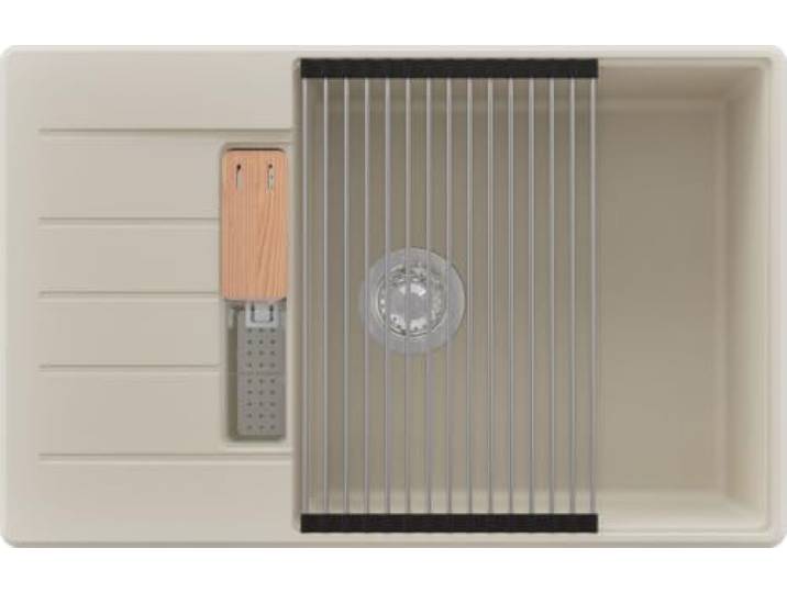 PRIMAGRAN Spülbecken ab 60er Unterschrank + Ablauf-Set, 78x50cm Set: Ablauf-Set (Siphon, Ablaufgarnitur, Überlauf) + Abtropfmatte + Granitspüle 1 Becken - Kopenhagen, Beige