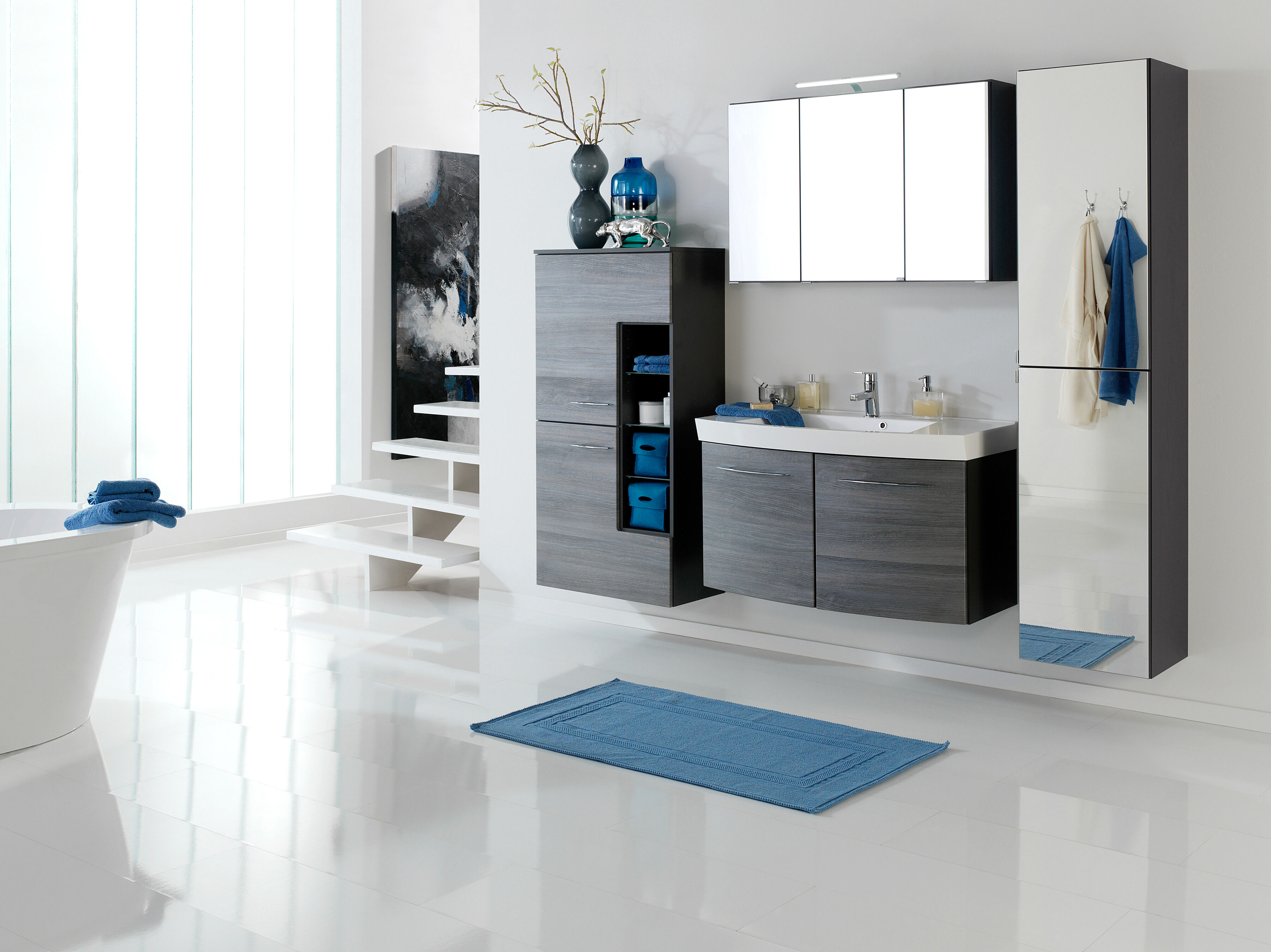 Badmöbel-Set WELLTIME "Florida", grau (grafitgrau, eiche rauchsilber), Kastenmöbel-Sets, Badmöbel-Set, Waschplatz Breite 100 cm und Spiegelschrank grafitgrau, eiche rauchsilber Einheitsgröße