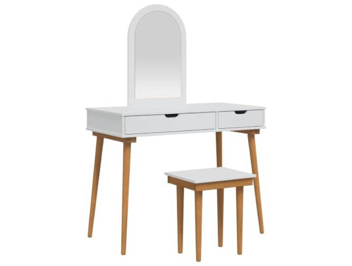 Xhnifbn Schminktisch-Set 3-teilig FAUSKE mit Hocker & Spiegel Weiß Stilvoller Frisiertisch fürs Schlafzimmer: Kompakte Kommode mit Kiefernholzbeinen, 2 Schubladen und Fächern für Kosmetik.