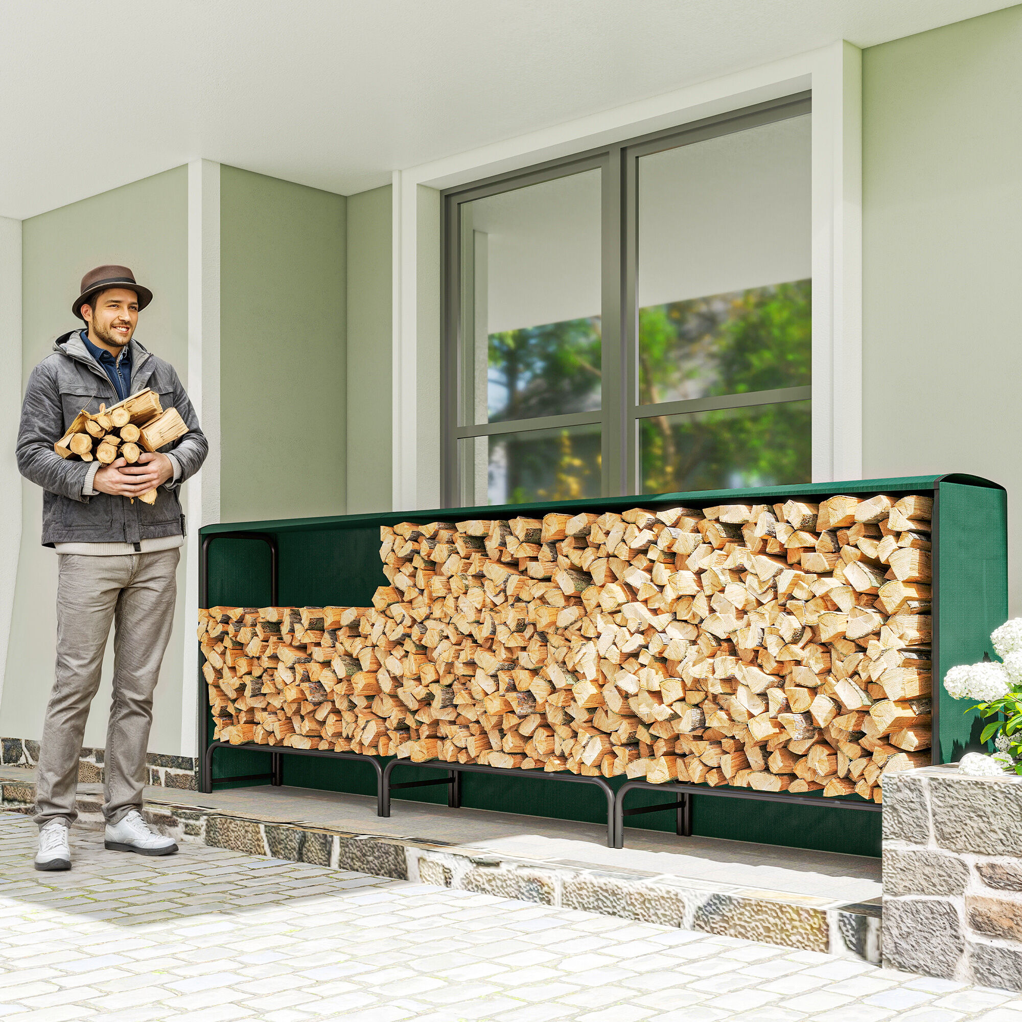 Altro Portalegna Da 1m³ Regolabile Con Telo Impermeabile In Pe, In Metallo, 300x36x99 Cm, Nero E Verde Scuro