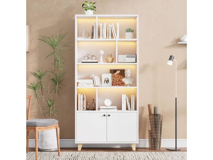 Bibliothèque - 80x30x173cm - Éclairage LED - 7 étagères - Design blanc contemporain