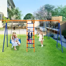 VEVOR Schaukel-Sets für den Garten, 6-in-1-Schaukel-Set mit 2 Schaukeln, Trapezstange, Kletterleiter, Kletternetz und Basketballkorb, 200 kg Tragkraft, robustes Metall-Schaukel-Set für den Außenbereich für Kinder ab 3 Jahren