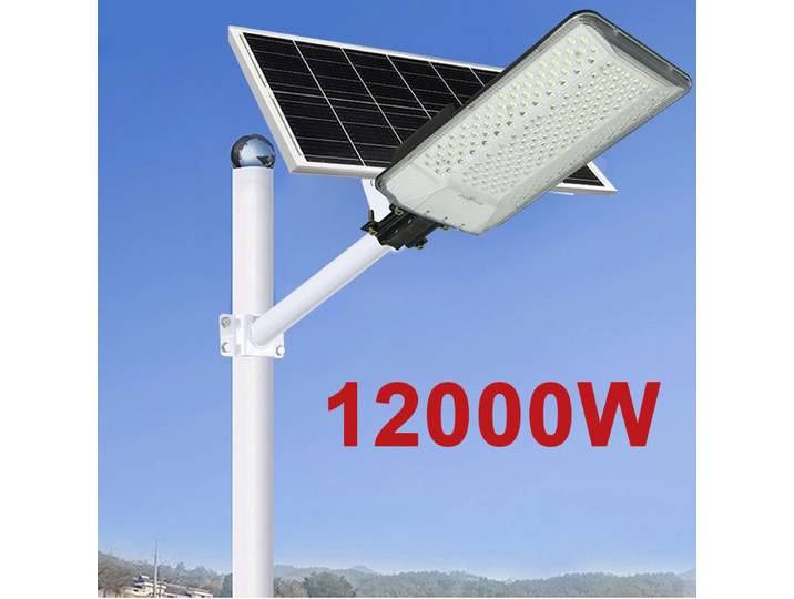 Éclairage solaire extérieur 12 000 W — Lampadaire solaire IP67 étanche, projecteur solaire avec télécommande et détecteur de mouvement — Luminaire extérieur économe en énergie pour cours et rues.