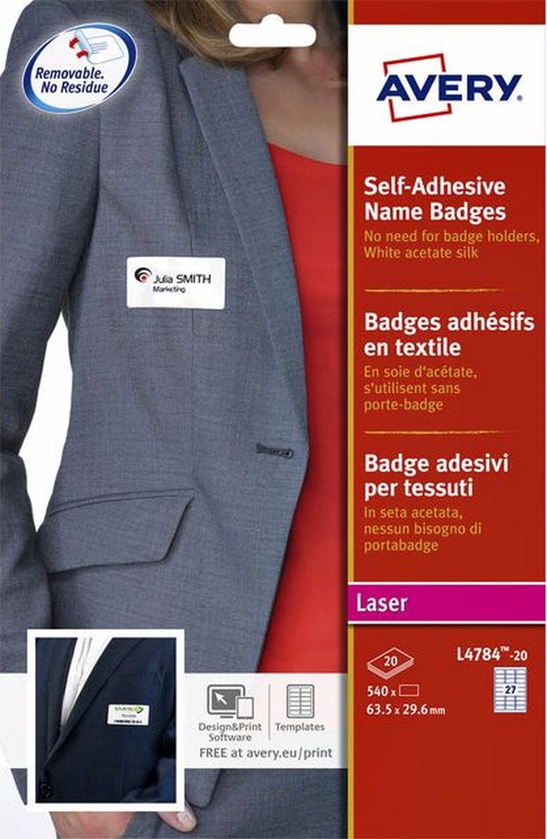 Avery L4784-20 Naambadges Etiketten 63.5 x 29.6 mm 540 stuks 5 sets