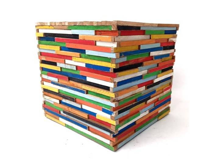 Brillibrum Beistelltisch Holz Bunt – Echtholz – Upcycling – Handmade – Beistelltisch Bunt – Mischholz Hocker – Kinder Sitzhocker– 30x30x30cm HxBxT