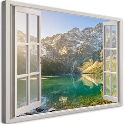 WANDBILD fensterblick wald im nebel berge