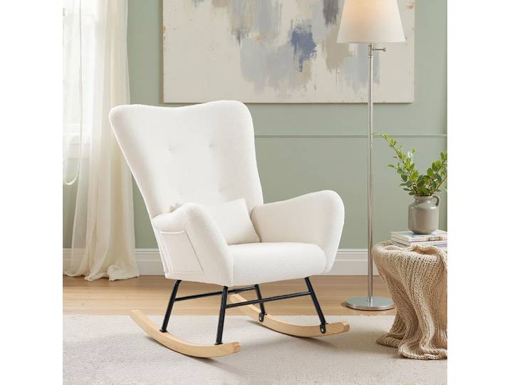 HOMCOM Rocking Chair Peluche Crème Dossier Haut Pieds Bois