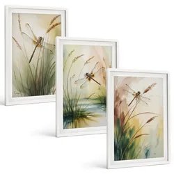 BILDER SET 3er Set - 40x60 cm Weißer Rahmen - Libellen im Gras, Wassermalerei