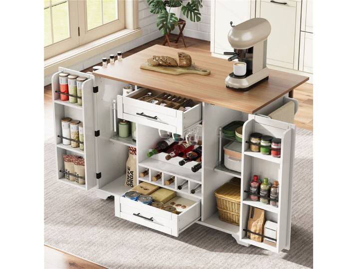 Îlot Cuisine avec Plan Pliable Meuble Cuisine Bois à Roulettes avec Porte-bouteilles / verres Étagères Ajustables et