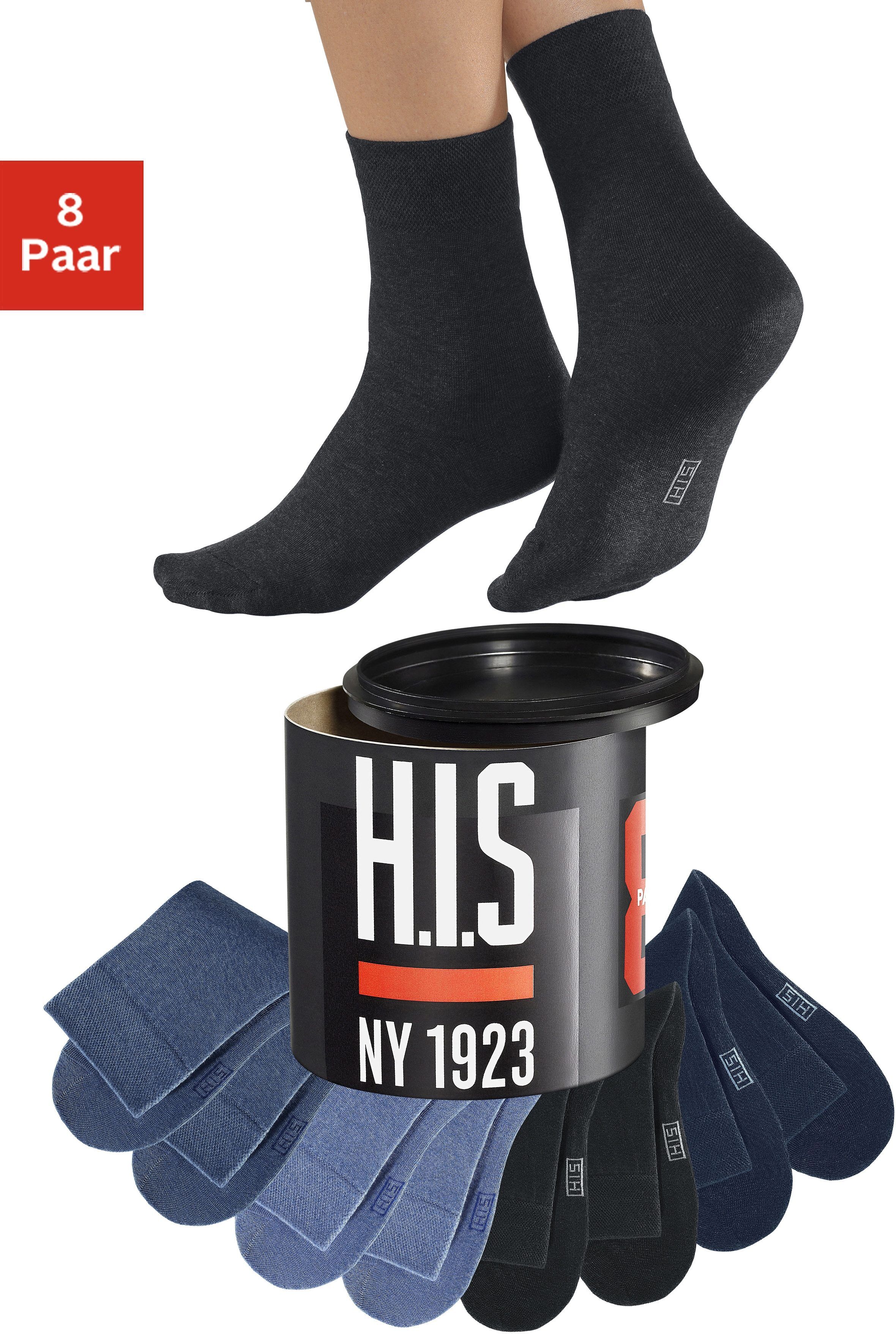 Socken H.I.S "Basic Damen & Herren Baumwollsocken, Business & Freizeit", Damen, Gr. 47-48, bunt (schwarz, marine, jeans), Baumwolle, Baumwollmischung, Polyamid, meliert, elastisch, Socken Socken, in der Geschenkdose schwarz, marine, jeans 47-48