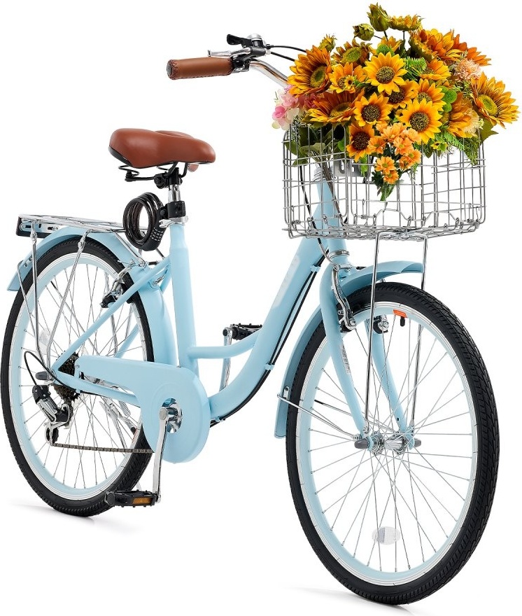 Cruiser Fahrrad Beach - Fahrrad mit Korb, 61cm Reifen, 7-Gang Einstellbar - Blaues Strandfahrrad