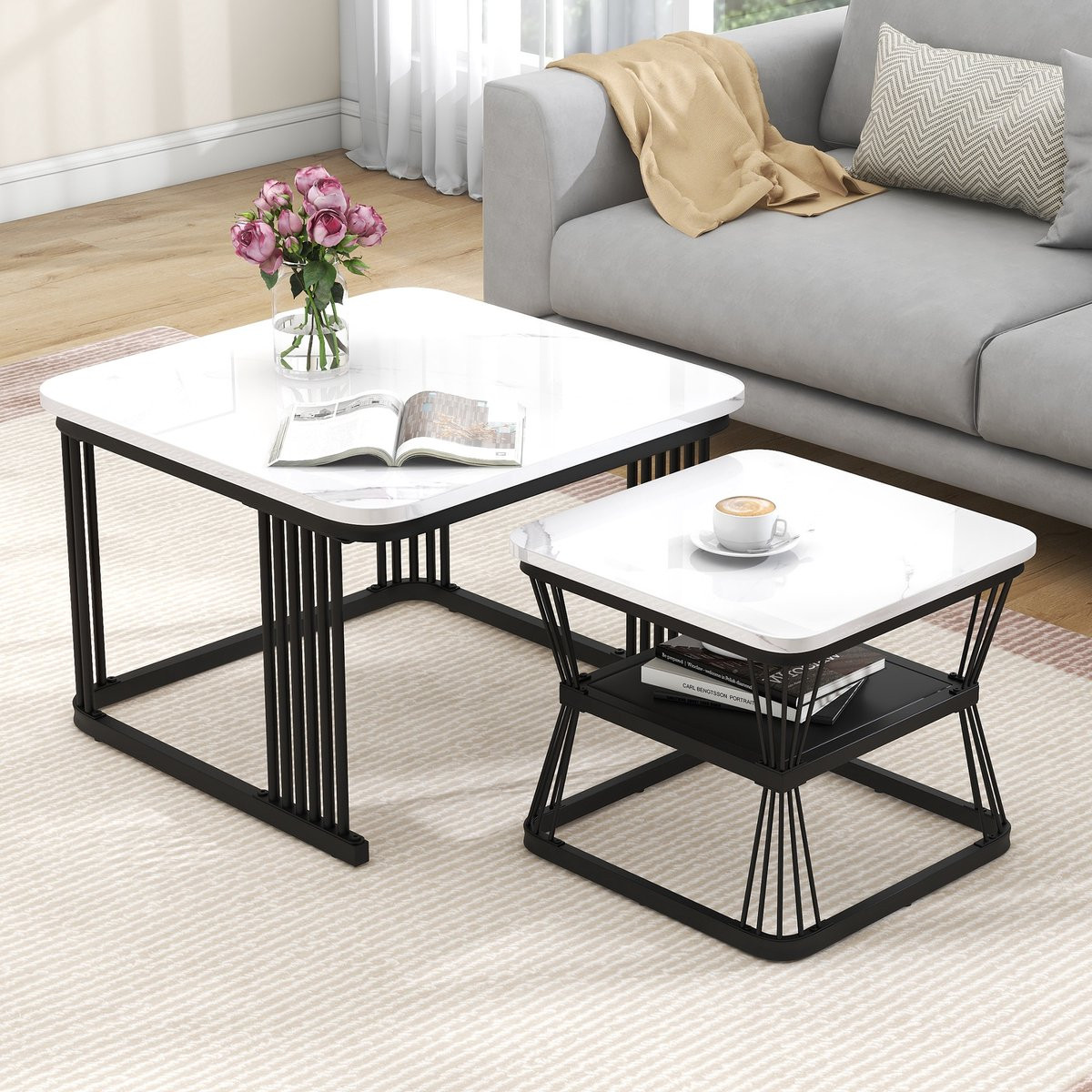 Sweiko Nesting Salontafel Set van 2 Marmerlook Hoogglans Wit en Zwart