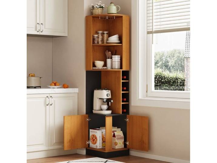 Buffet d'angle porte-verres suspendu 4 casiers à bouteilles et placard bas 2 portes pour cuisine en MDF 40×40×182 cm