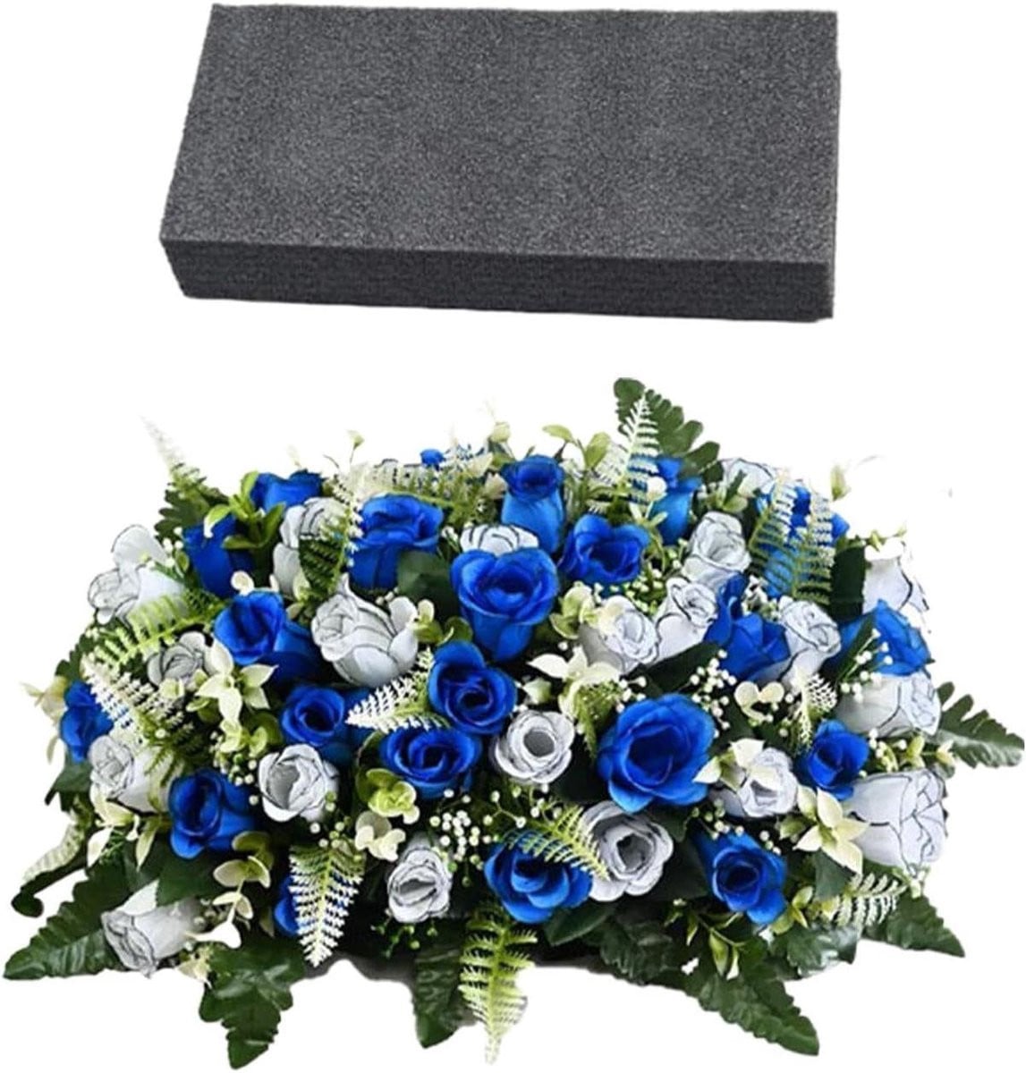 Blauwe kunstrozen grafdecoratie weerbestendig - B: 24 cm, D: 18 cm, H: 18 cm