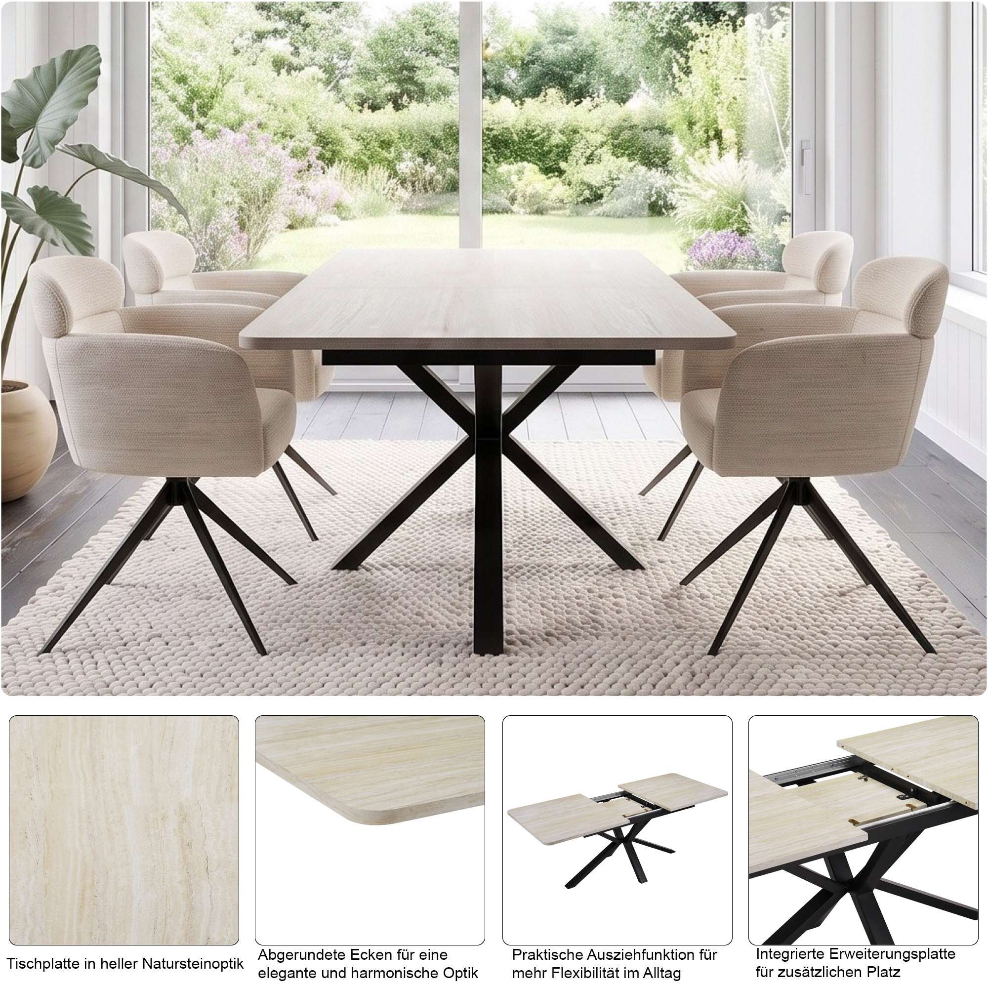 Esstisch GOODPRODUCT "Secchia", beige (travertin farb., schwarz, travertin farb.), B:160cm H:76cm T:90cm, Tische, Esstisch, ausziehbar 160-200 cm, Synchronauszug, inkl Einlegeplatte, Breite 90cm travertin farb., schwarz, travertin farb. B/H/T: 160cm x 76c
