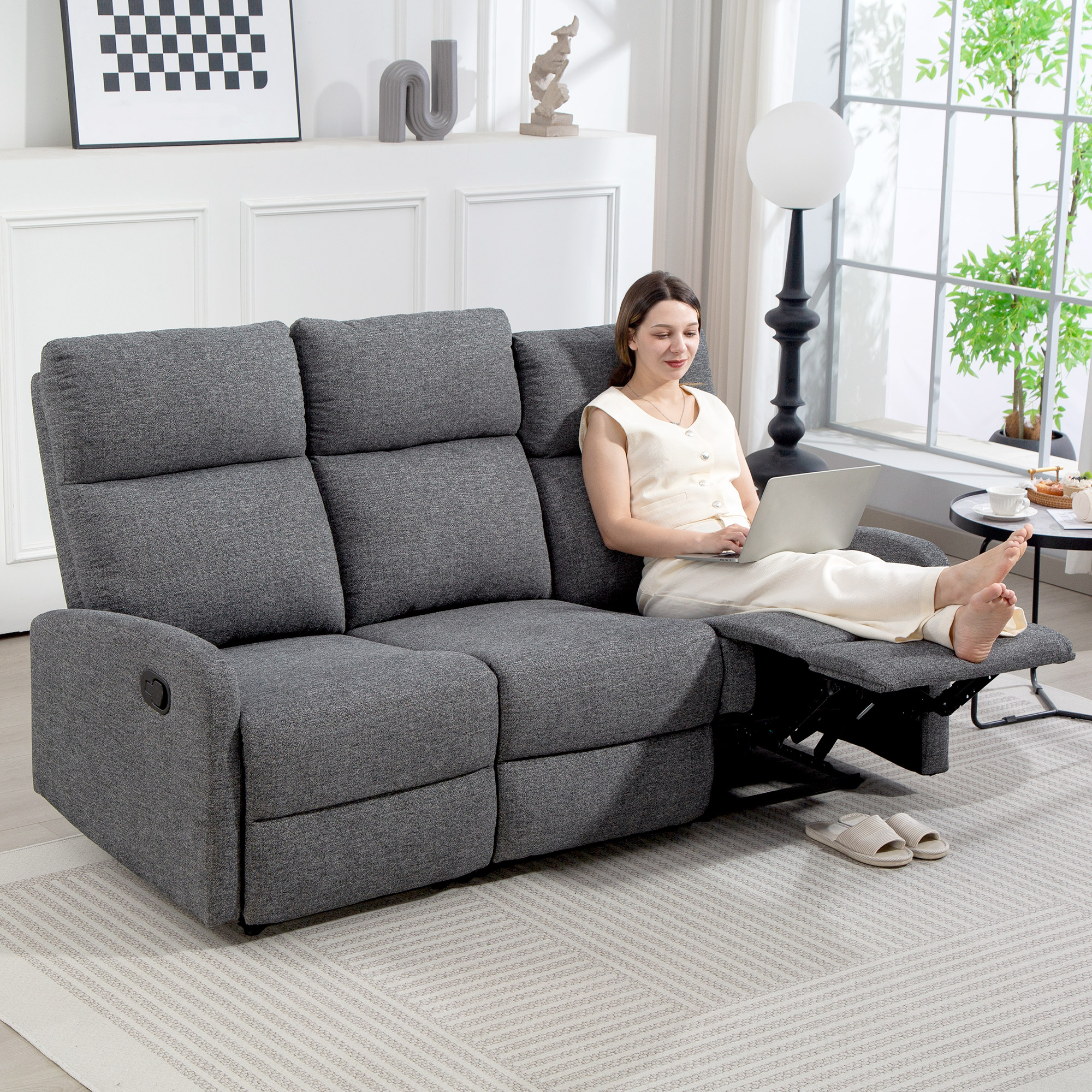 Homcom Divano 3 Posti Reclinabile in maniera Indipendente con Rivestimento in Ciniglia Grigia, 179x91x98 cm   Aosom Italy