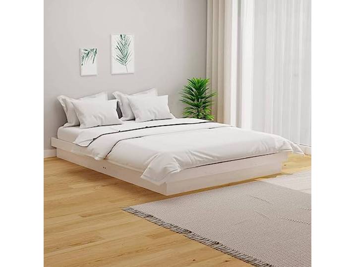 RJPLMFV Bettgestell, Kiefernholz, Massivholz, Weiß, 150 x 200 cm Ohne Matratze, Lattenrost inklusive, rustikaler Stil, Schlafzimmer