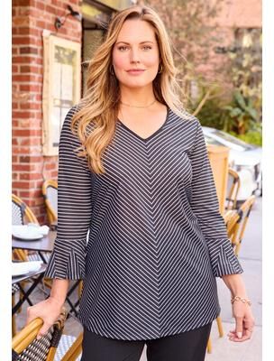 Plus Size Women's Eliza Bell Sleeve Knit Top by Catherines in Black White Pinstripe (Size 6X)