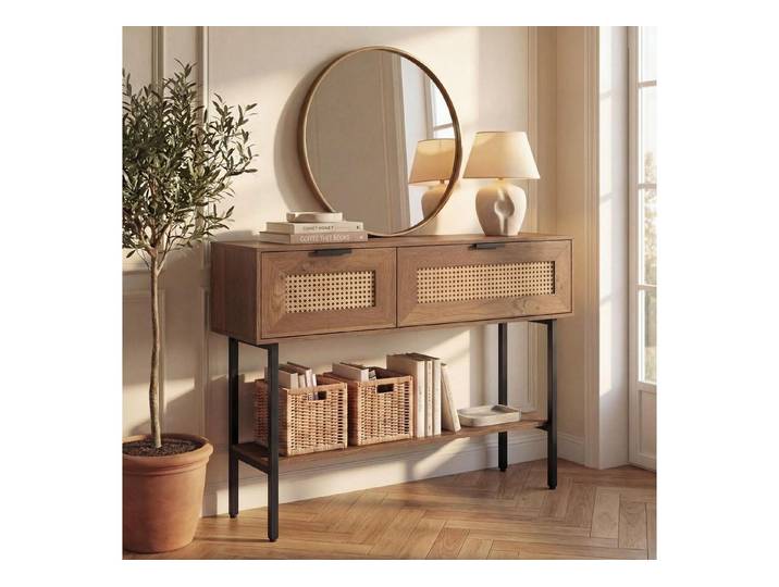 LuxusKollektion Konsolentisch Konsolentisch Rattan Boho schmal mit 2 Fächern (1-St)