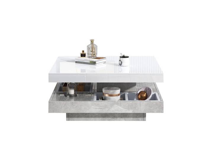 Flieks Couchtisch Doppel 360° Drehbar Weiß Marmoroptik Hochglanz Ablagefach, Holz, 80.65x15.24x82.55 cm, Wohnzimmer, Wohnzimmertische, Couchtische