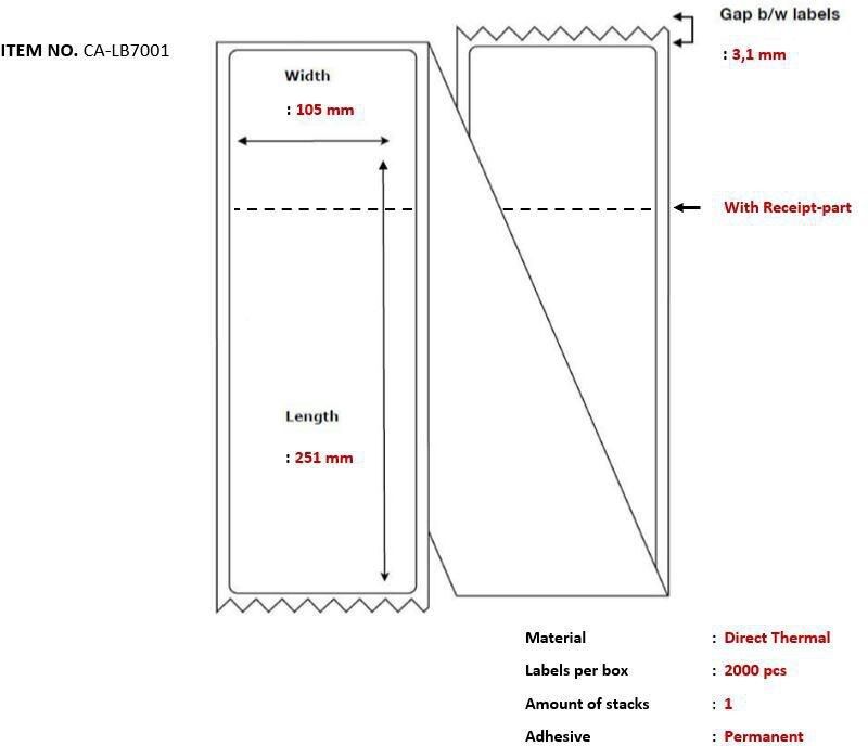 Capture Ship-label 105 x 251mm, Direct Thermal, With Receipt Part, Fanfold, 2000 Labels per Box (CA-LB7001)
