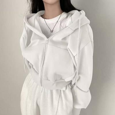 On Spot Shop Women's Y2K Streetwear Hoodie, Autumn Winter Zip Up Crop Top, Harajuku Casual Jackets, Long Sleeve Hooded Sweatshirt white s