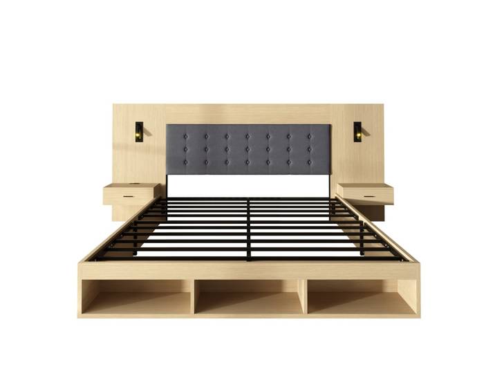 Lit king size effet chêne clair, avec lampes led, usb 180x200 cm