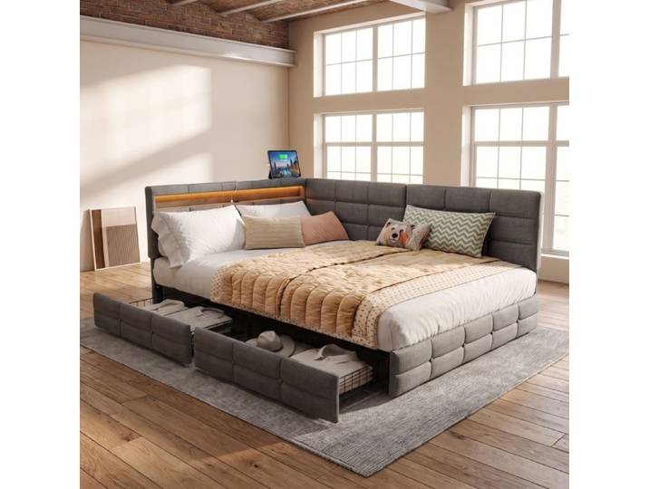 Lit 140x190 avec Sommier Canapé-lit 140x190 avec LED USB et 2 Tiroirs Lit 2 Places avec Sommier Cadre de Lit Double Lin Gris